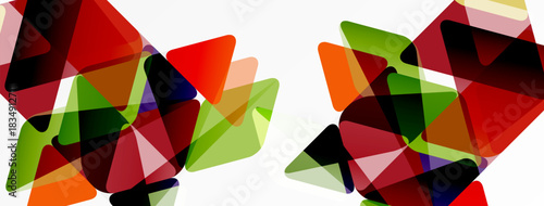Abstract geometric shapes overlap, creating vibrant color patterns. Triangles dominate composition, offering modern aesthetic.