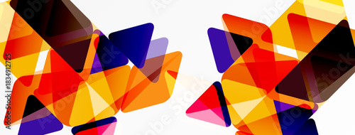 Abstract geometric shapes overlap, creating vibrant color patterns. Orange, red, purple dominate composition. Minimalist design.