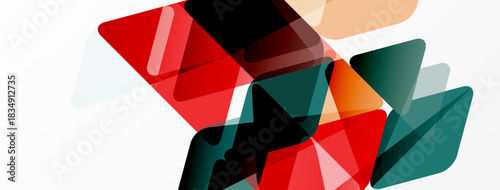 Abstract geometric shapes overlap. Red, teal, black, beige colors create dynamic composition. Minimalist design, modern aesthetic.