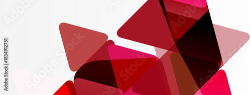 Abstract geometric shapes, mostly triangles, overlap. Shades range from deep red to pale pink, set against white background. Minimalist design.
