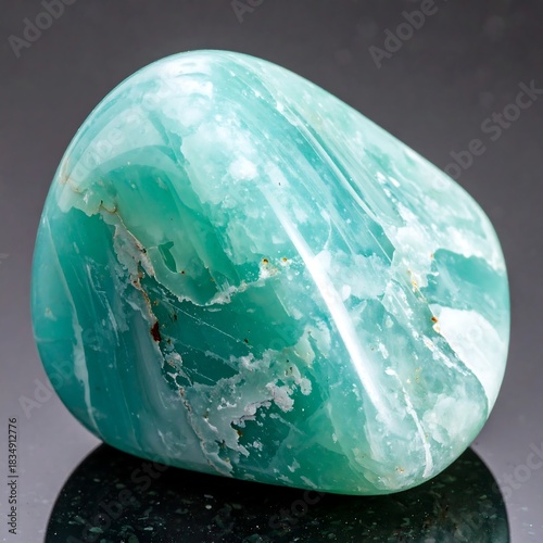 Close-up of a tumbled, aqua-colored stone with hints of white and darker green striations on a reflective surface