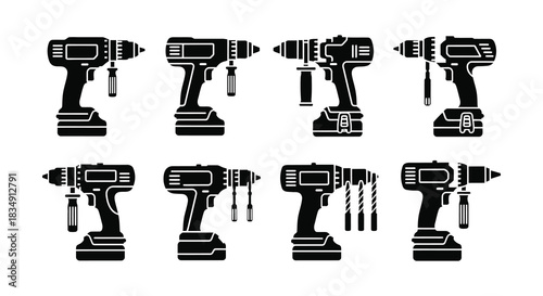 Collection of various black power drill tools illustrated in a simple style