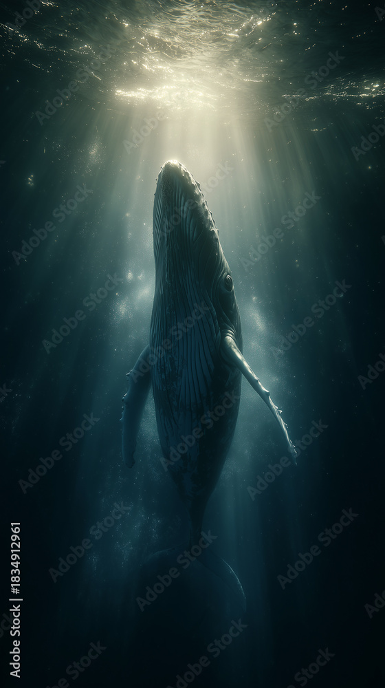 Fototapeta premium Majestic Whale Surrounded by Sunlit Underwater Rays in the Deep Ocean Scene
