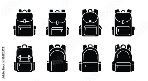 Collection of different black silhouette backpack designs in a grid layout