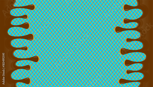 Hot chocolate drip illustration. Melting chocolate on waffle background. Drippy ice cream vector design. Wavy choco melt border. Brown chocolate drips illustration.