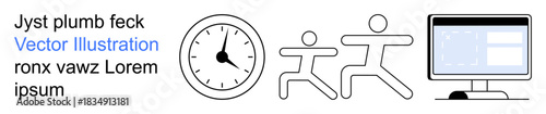 Time management, teamwork, digital tools, productivity, workflow, technology concepts. Image includes a clock, two figures running and a desktop monitor. Time management and teamwork