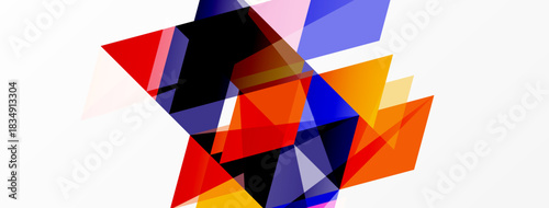 Abstract geometric shapes overlap, creating vibrant color contrasts. Composition features triangles, rectangles, dynamic arrangement.