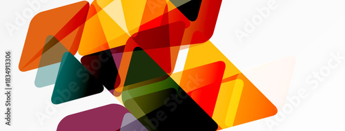 Abstract shapes overlap, creating vibrant color blends. Warm tones dominate, with cool accents. Modern design, dynamic composition.