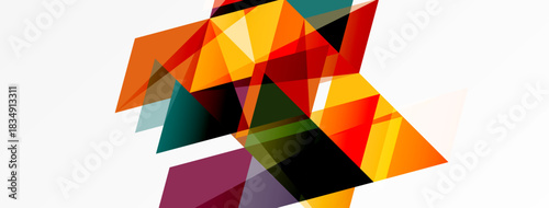 Abstract geometric shapes overlap, creating vibrant color contrasts against white background. Modern design, dynamic composition.