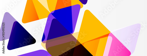 Abstract geometric shapes overlap, creating vibrant color blends. Triangles dominate composition, offering modern aesthetic.