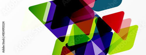 Abstract composition featuring overlapping colorful shapes. Geometric forms create dynamic visual texture, vibrant hues dominate design.