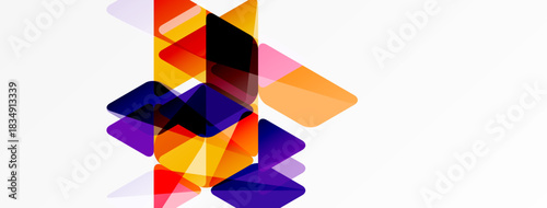 Abstract geometric shapes overlap, creating vibrant color blends. Composition features transparency, depth, modern design elements.