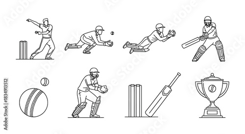 Illustrations of cricket players in various batting and fielding positions