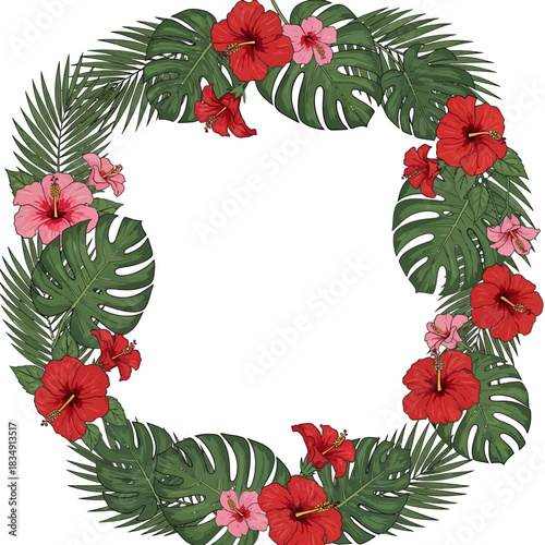 Vibrant tropical wreath illustration featuring exotic hibiscus and monstera leaves, perfect for summer designs and botanical event invitations