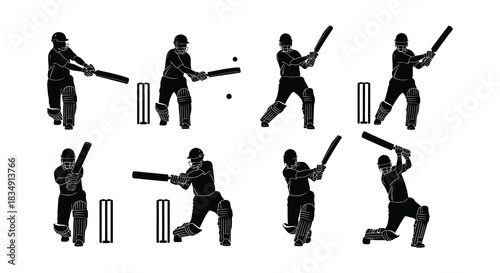 Illustrations of cricket players in various batting and fielding positions