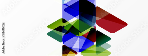 Abstract composition. Overlapping colorful squares create dynamic visual texture. Shapes vary in size, hue, opacity. Minimalist design.