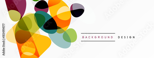 Abstract colorful shapes overlap, creating dynamic visual effect. Background features text background design. Simple, modern aesthetic.