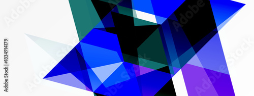 Abstract geometric shapes overlap, creating dynamic blue, purple, teal composition. White space provides contrast. Modern design elements present.