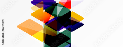 Abstract composition. Overlapping squares, vibrant colors, transparency create dynamic visual effect. Modern design, geometric shapes.