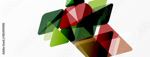 Abstract composition featuring overlapping triangles. Colors include green, red, brown, plus transparent variations. Minimalist design, modern aesthetic.