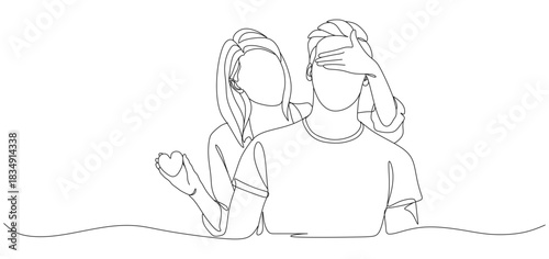 One Line Drawing of Couple Surprise with Heart