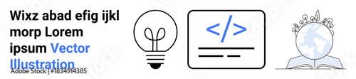 Innovation, coding, education, global knowledge, technology learning, creativity. A lightbulb, coding symbol and globe with a book. Innovation and coding through minimalist designs