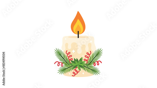 Festive candle decoration with evergreen boughs and sparkling light