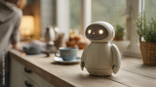 Friendly Home Assistant Robot Helping a Person in a Warm Modern Kitchen