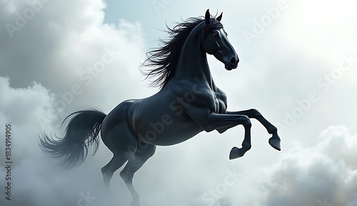 Black wild mustang stallion running on the beach silhouette in the sun