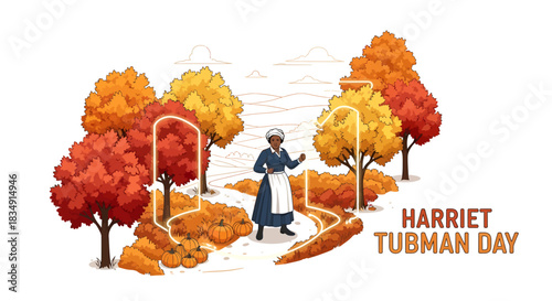 Harriet Tubman Day illustration with a woman walking through an autumnal landscape.