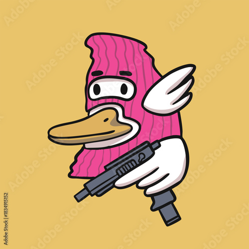 duck wearing pink ski mask and holding toy gun graphic design for tshirt brand needed