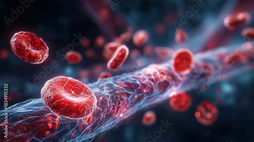 Close-Up Of Red Blood Cells Moving Through A Vein With Hemoglobin In The Bloodstream