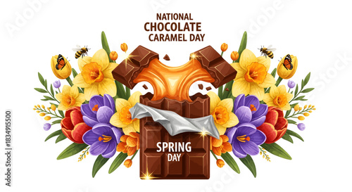 National Chocolate Caramel Day Celebration with Spring Flowers and Chocolate.