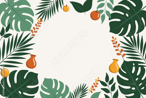 Vector design featuring a tropical leaf frame with fruits and vases, creating a natural and decorative background.  

