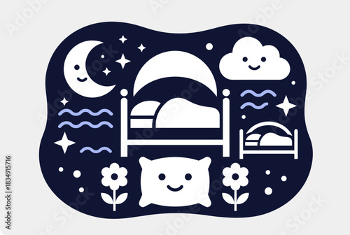 Cute vector illustration showing a bedtime scene with bed, moon, cloud, pillow, and stars, symbolizing peaceful nighttime rest.  
