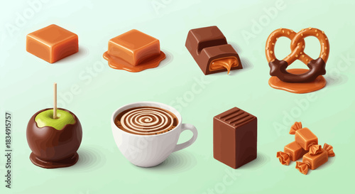 Assorted Chocolate Treats and Beverages on Light Green Background.