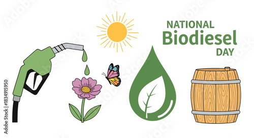 National Biodiesel Day illustration with eco-friendly elements and green energy symbols.