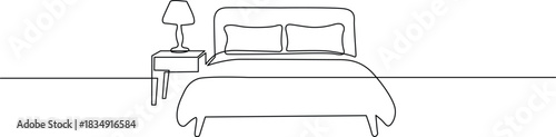 Minimalist bedroom interior with bed, nightstand, and lamp line art drawing Vector