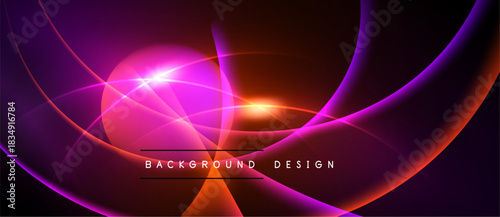 Abstract vibrant design features flowing curves, bright light effects, dark background. Bold text reads background design. Modern, energetic composition.