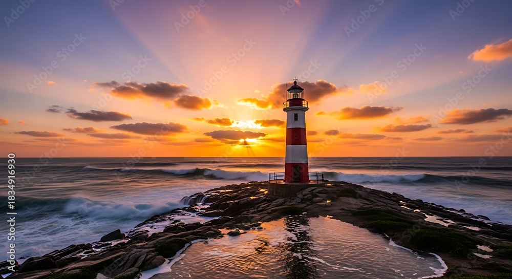 Fototapeta premium Lighthouse stands on rocky coast at sunset with sunbeams illuminating the sky.