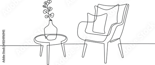 Continuous line drawing of modern living room furniture with a plant Vector
