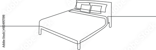 Minimalist continuous line art drawing of a cozy bedroom bed with pillows Vector