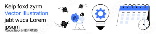 Cybersecurity, innovation, time management, workflow organization, technology processes, productivity. A person holds a shield against bugs, a gear inside a bulb, a calendar with a clock