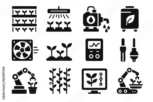 Icon robotic light icons irrigation tank farming grow fan pump airflow vertical