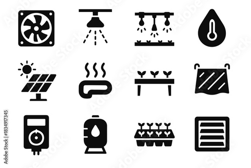 System exhaust seedling ventilation thermostat greenhouse set vector cloth icon tray heating