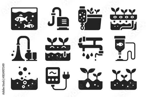 System icons unit nutrient bed icon water vector pipes aquaponics control fish