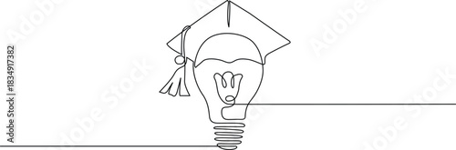 Continuous line drawing of a light bulb wearing a graduation cap, education Vector