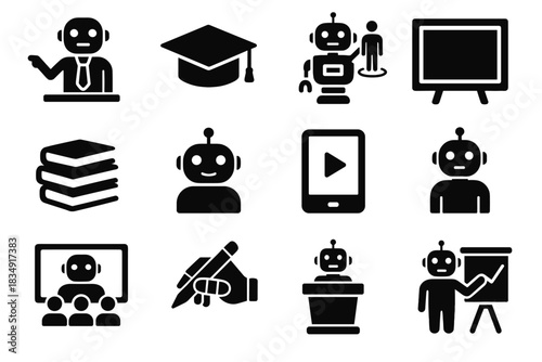 Robot book lecture tablet icon blackboard classroom icons education teaching vector academic
