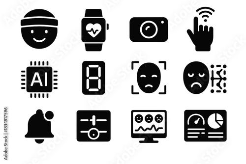 Biofeedback ai mood sensor calibration interface processor icons camera emotion vector monitoring