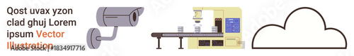 Security, industrial automation, technology infrastructure, cloud computing, data storage, AI systems. Surveillance camera, robotic arm on a conveyor and a cloud icon. Security and industrial